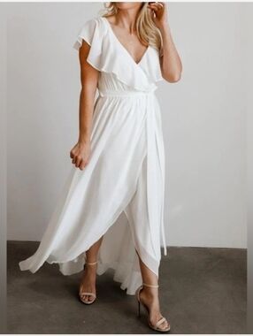 Baltic Born Katya White Faux Wrap‎ Surplice Ruffle   Bridal Dress Size Small